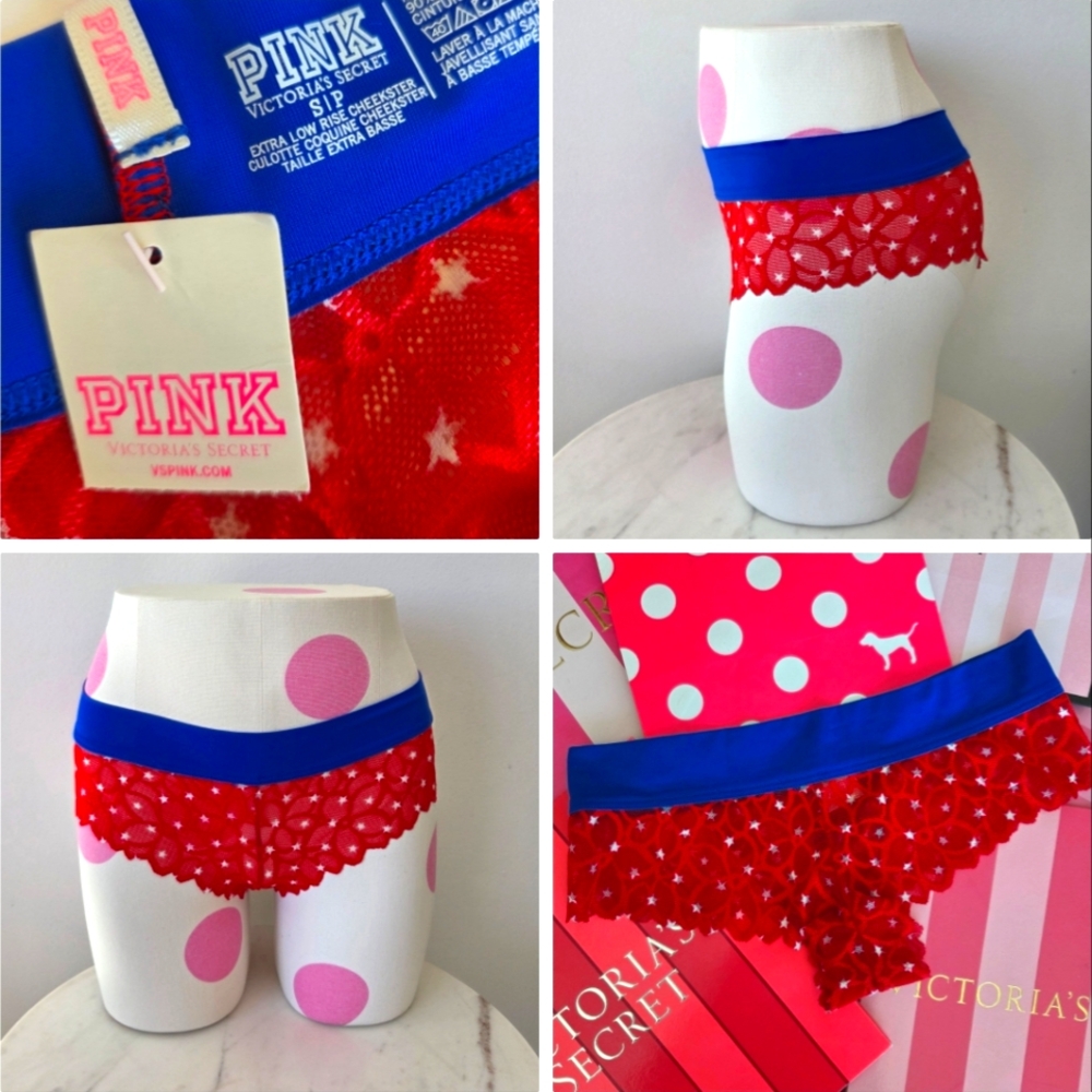 Victoria's Secret PINK Vintage Low Rise Cheekster Tanga Panty Lace Blue Star NWT